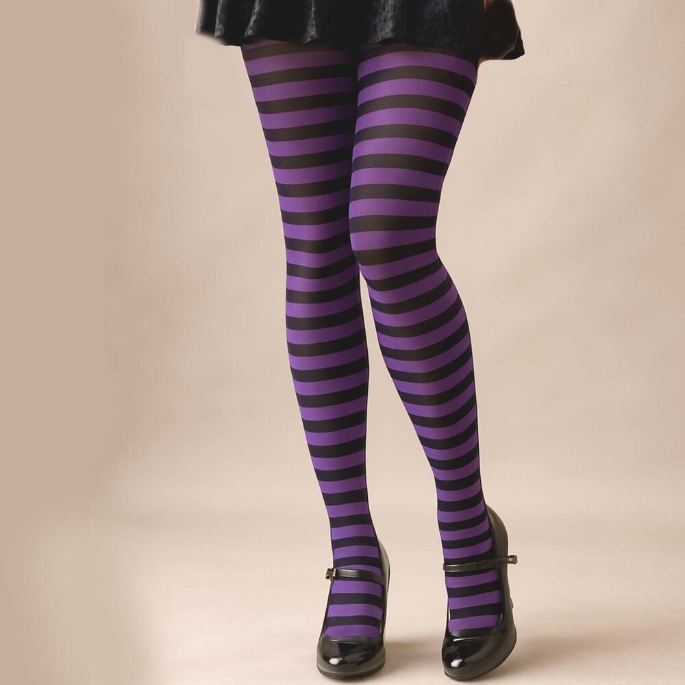 Striped Opaque Tights Womens OS Black and Purple Nylon Pantyhose Hosiery